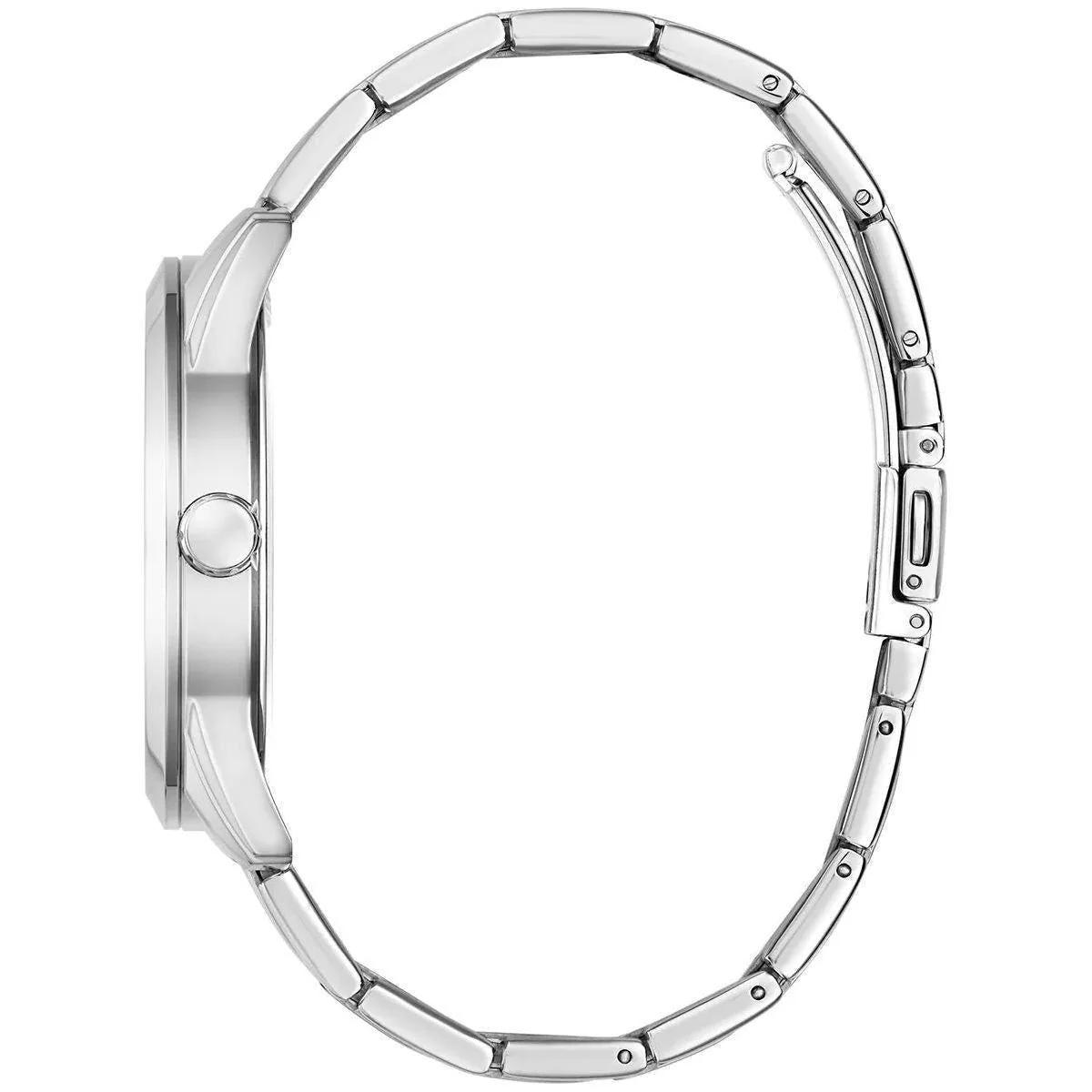 Silver watch case on a white background