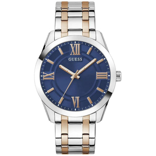 Two-tone watch with blue dial and gold accents on a white background