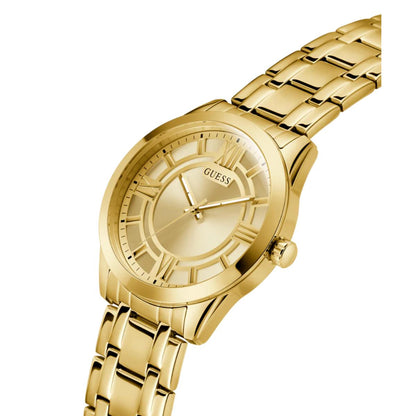 Gold watch with a metallic band on a white background