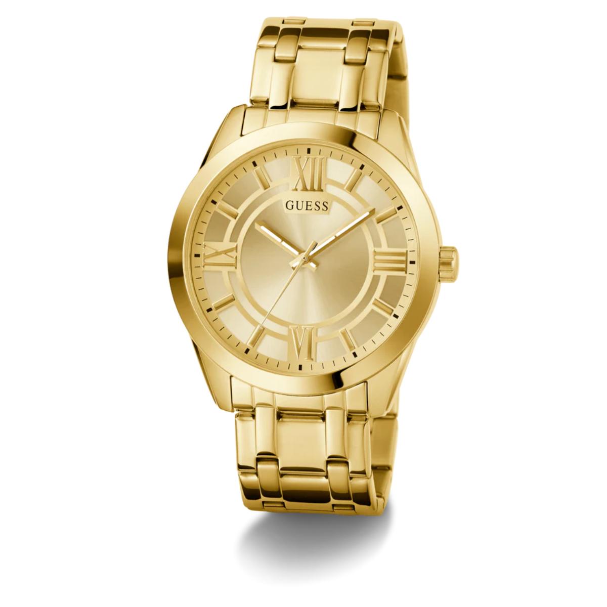 Gold watch with a visible brand logo on a white background