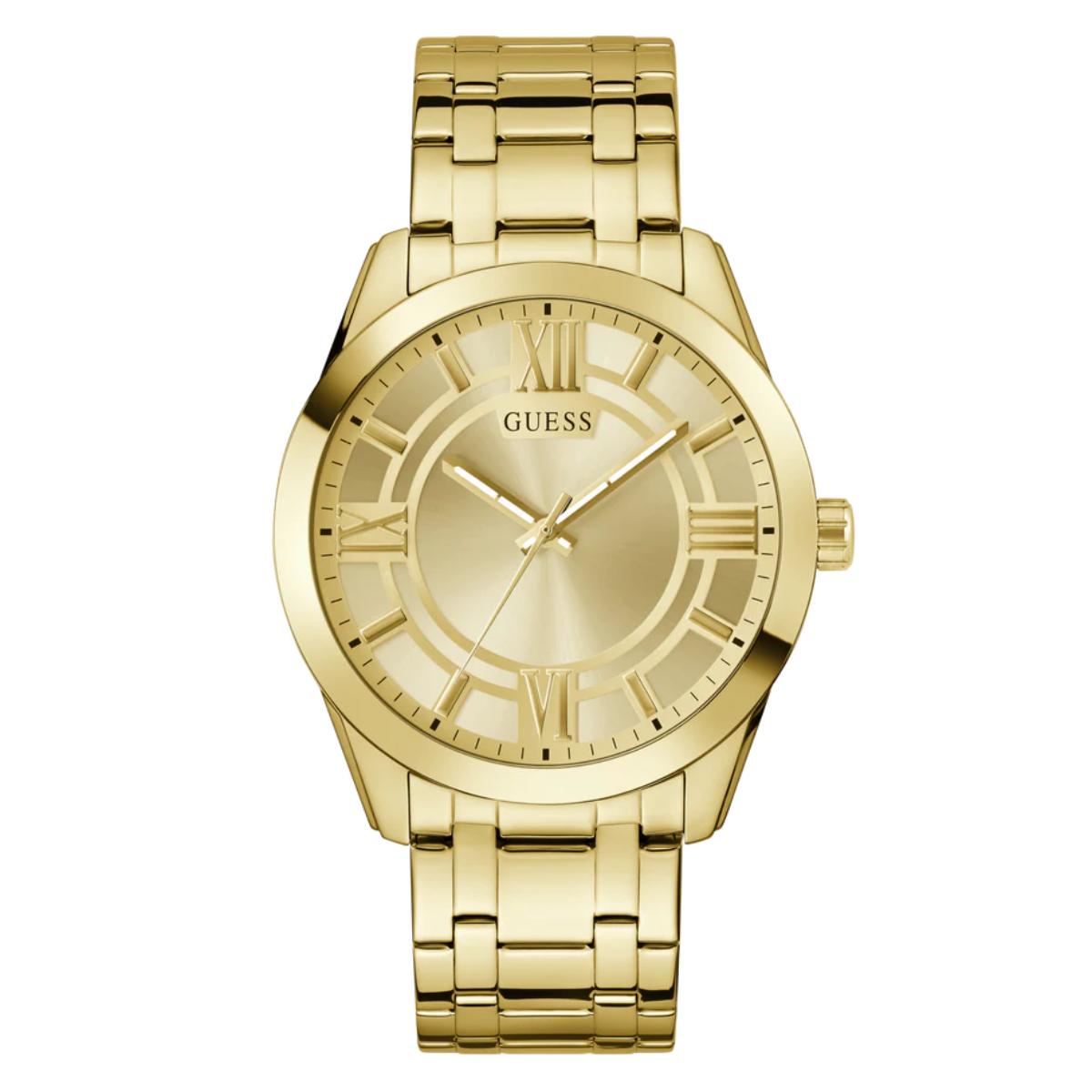 Gold watch with a white background