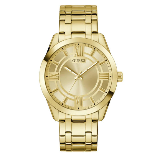 Gold watch with a white background