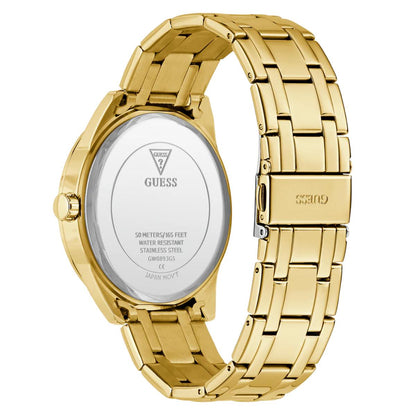 Gold watch with a visible brand logo on a white background