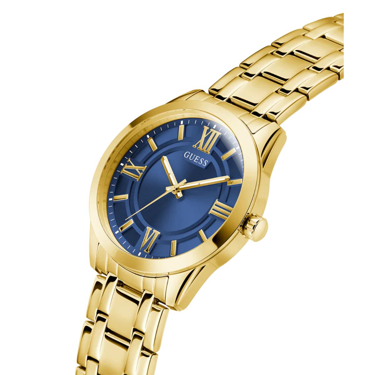 Gold watch with a blue face on a white background