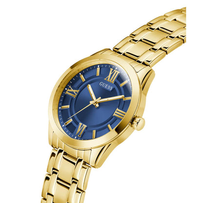 Gold watch with a blue face on a white background