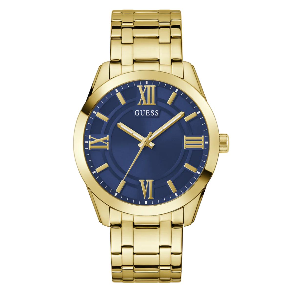Gold watch with blue dial and Roman numerals on a white background