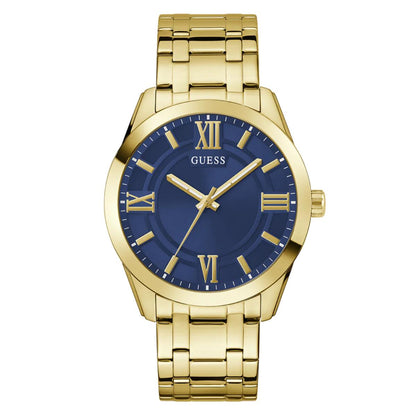 Gold watch with blue dial and Roman numerals on a white background