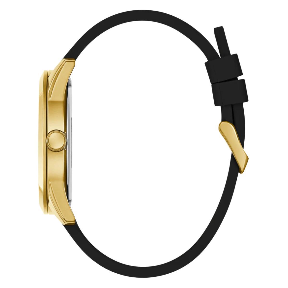 Gold watch case with black strap on a white background