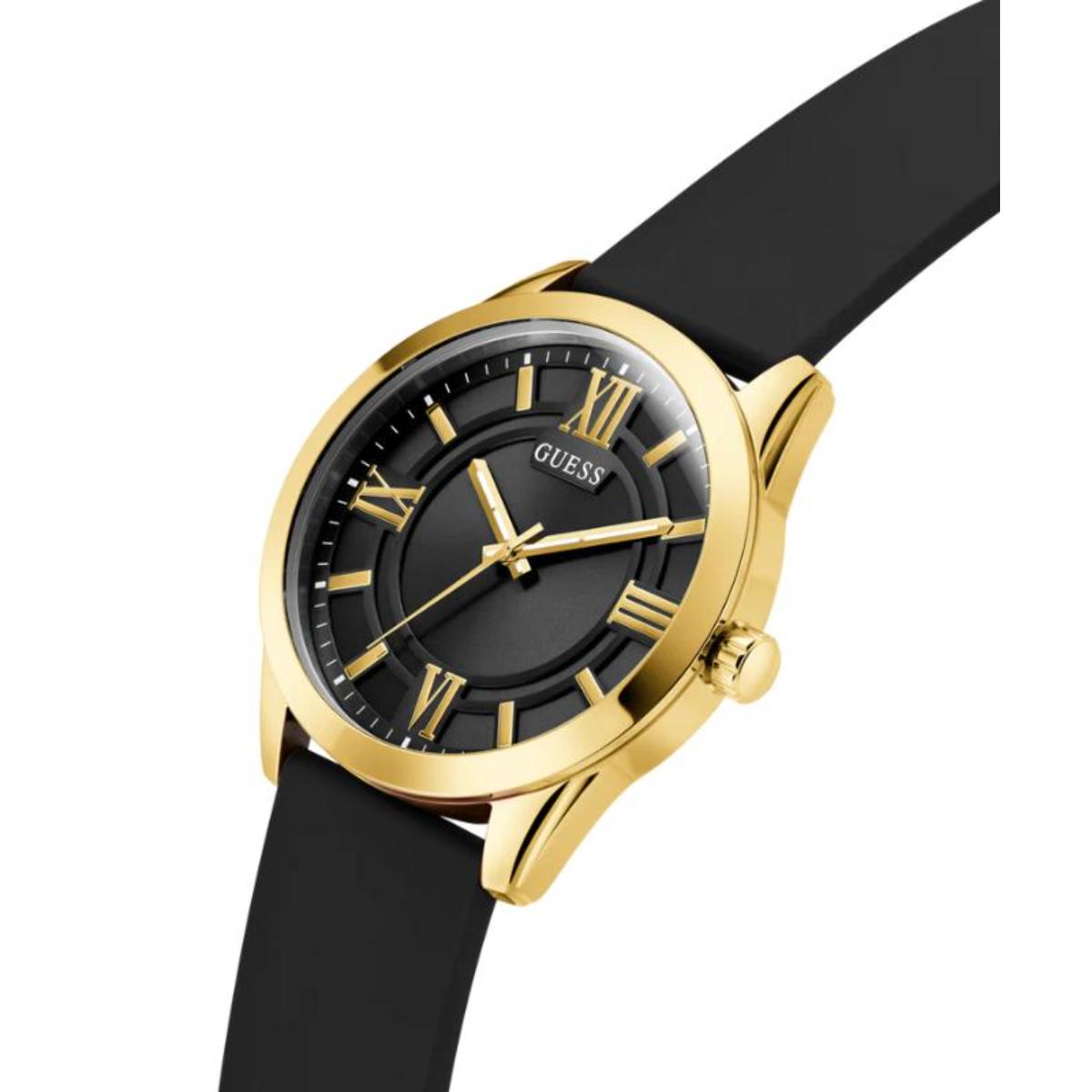 Gold and black watch with a visible brand logo on a white background