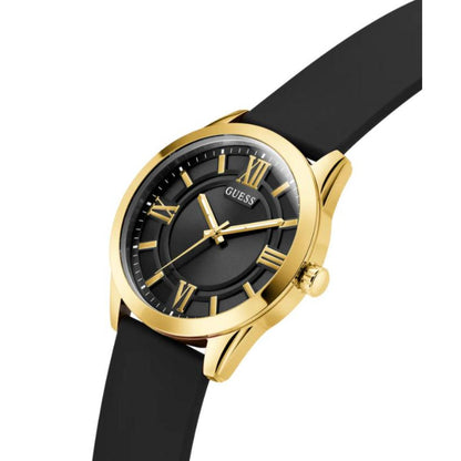 Gold and black watch with a visible brand logo on a white background