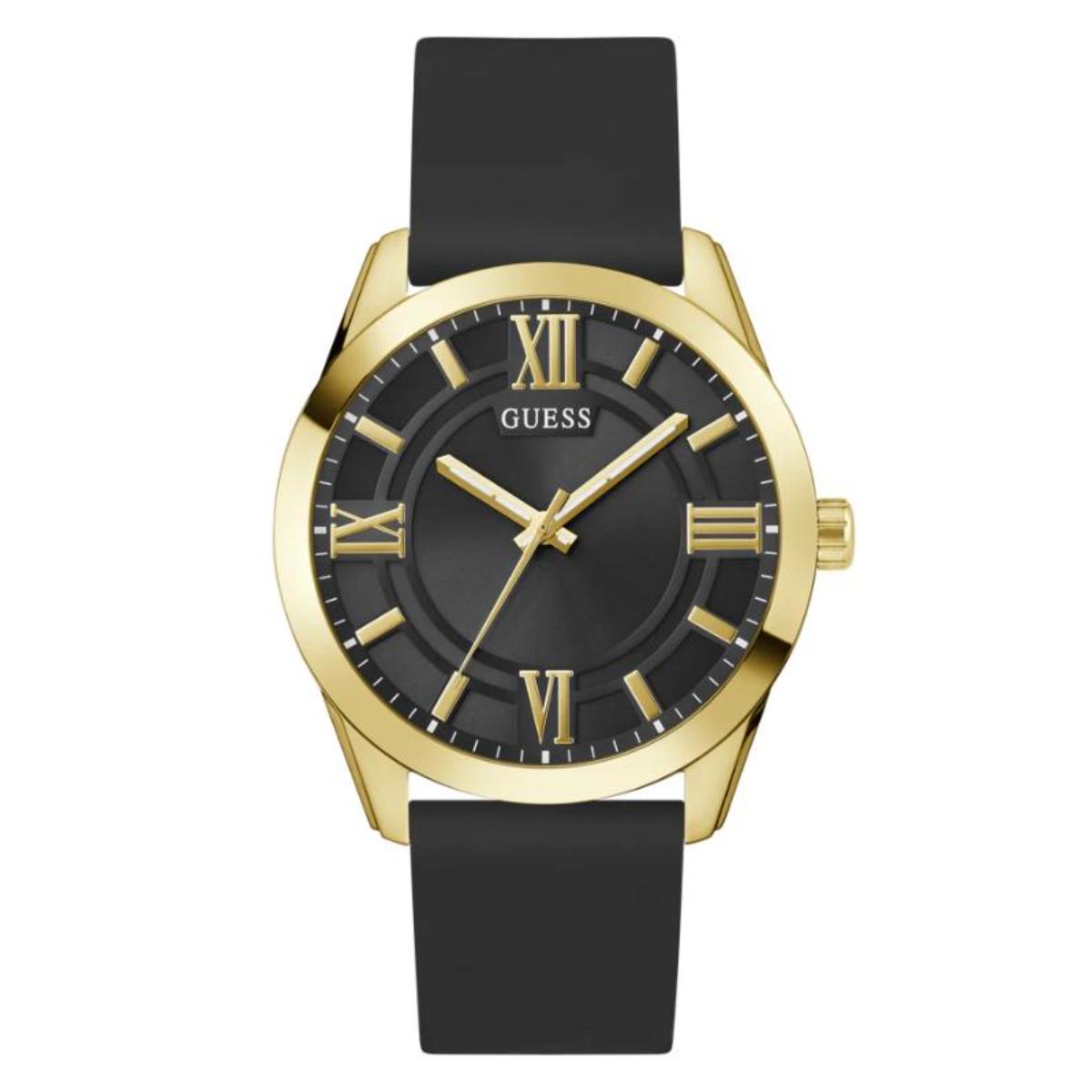 Black watch with gold accents and a black strap on a white background
