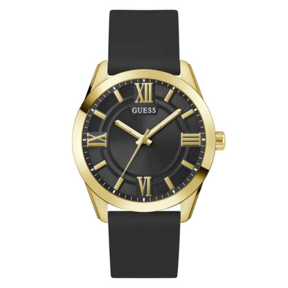Black watch with gold accents and a black strap on a white background