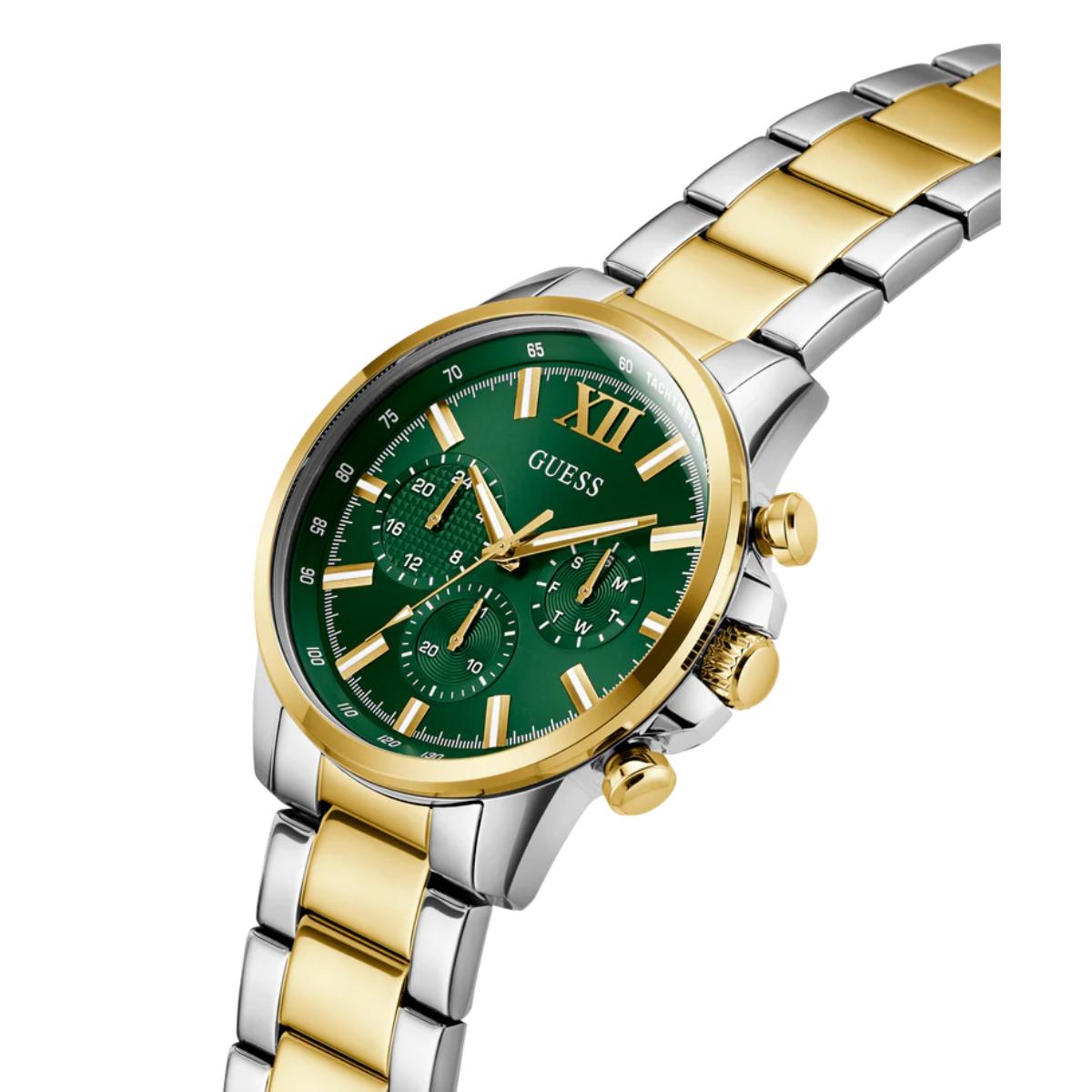 Two-tone gold and silver watch with a green face on a white background