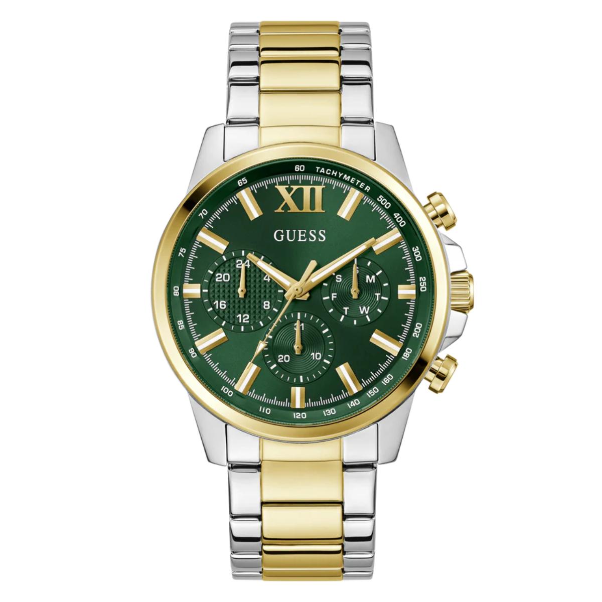 Two-tone gold and silver watch with a green dial on a white background