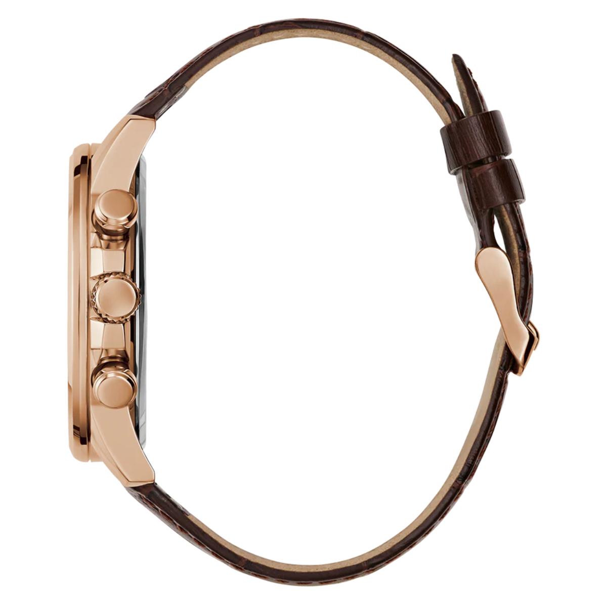 Rose gold watch with brown leather strap on a white background