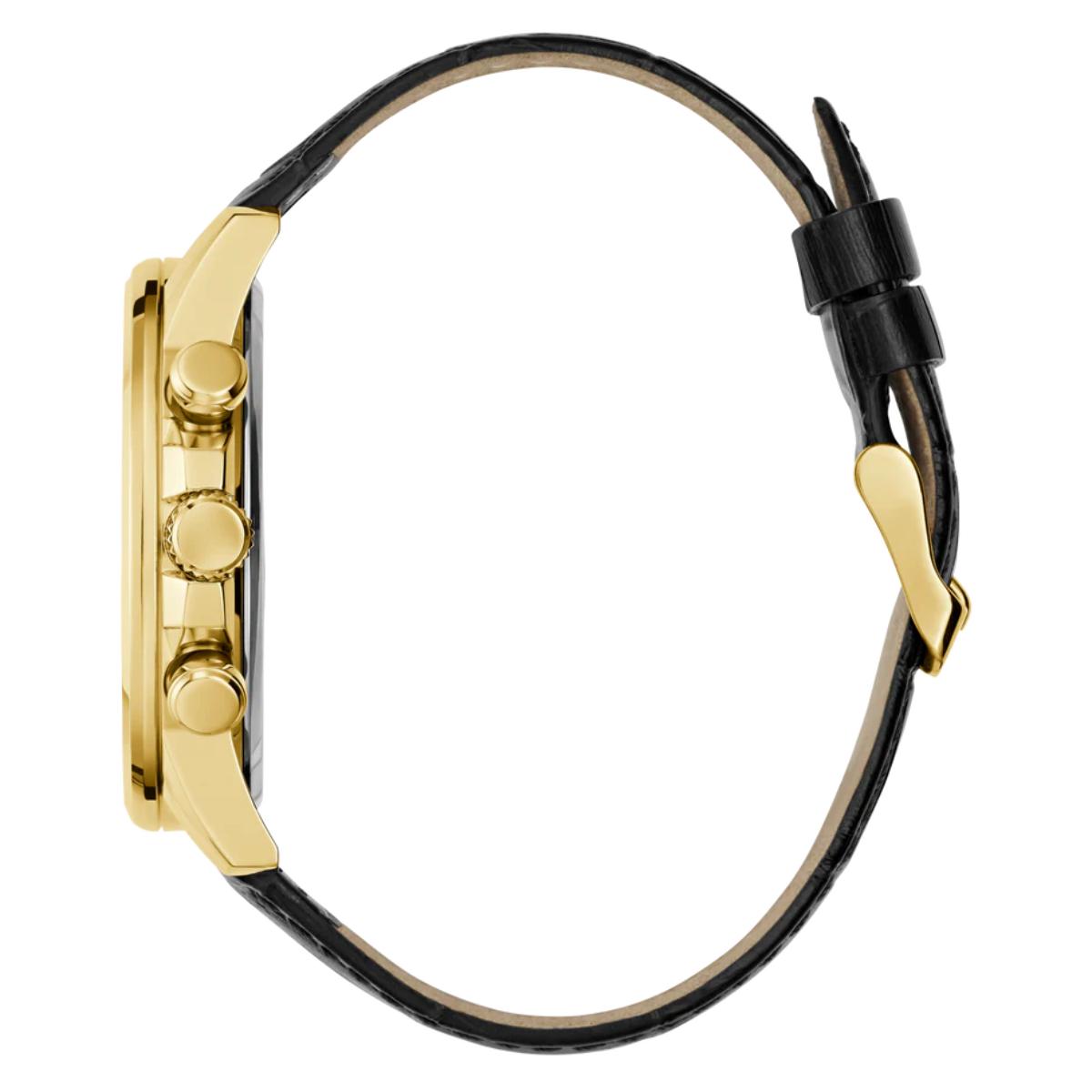 Gold watch with black strap on a white background