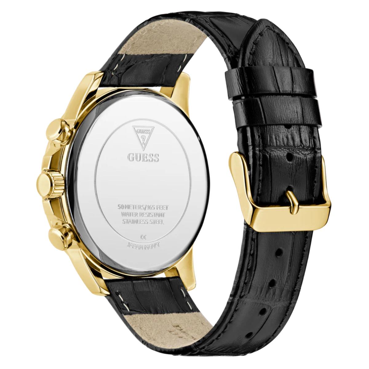 Guess watch with black leather strap and gold case on a white background