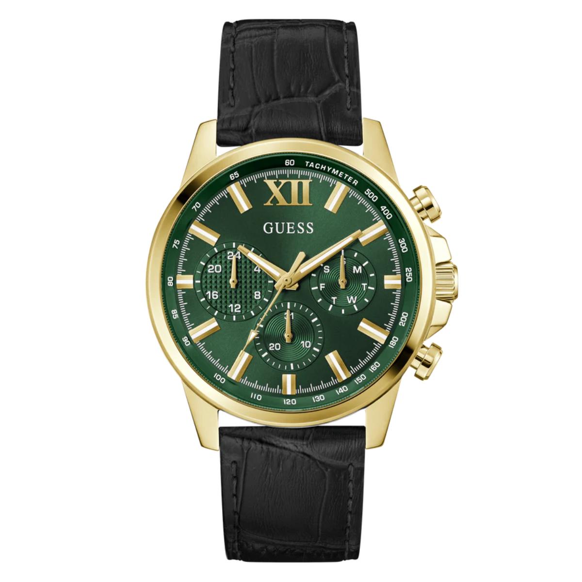 Guess watch with green dial, gold accents, and black leather strap on a white background