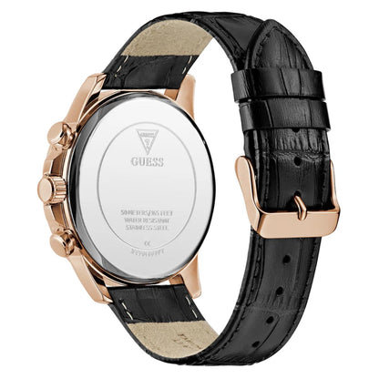Guess watch with black leather strap and rose gold case on a white background