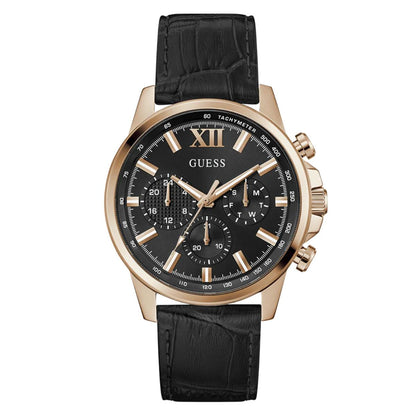 Guess watch with black leather strap and rose gold case on white background