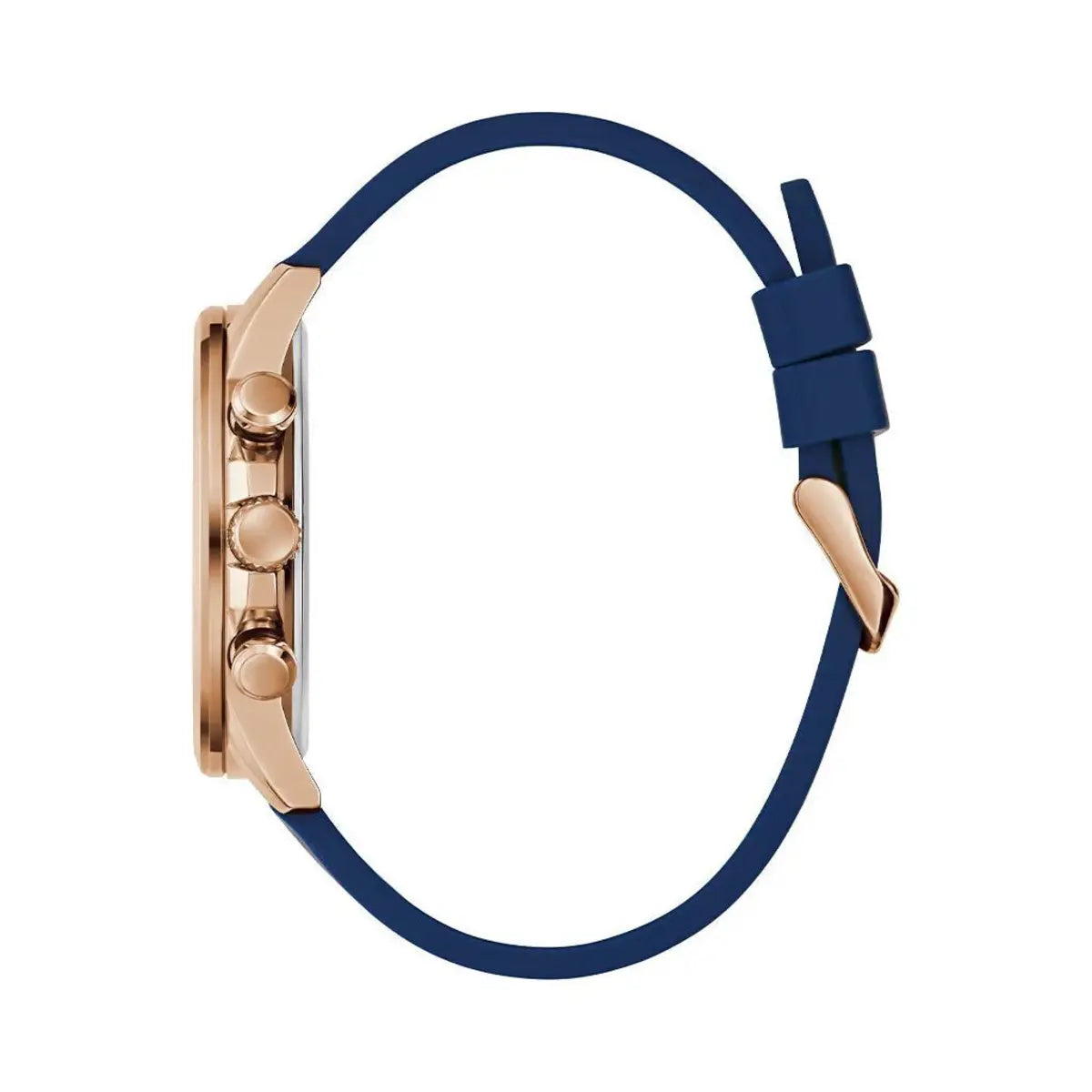 Watch with blue strap and rose gold case on a white background