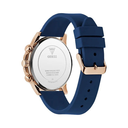 Blue watch with rose gold case and band on a white background