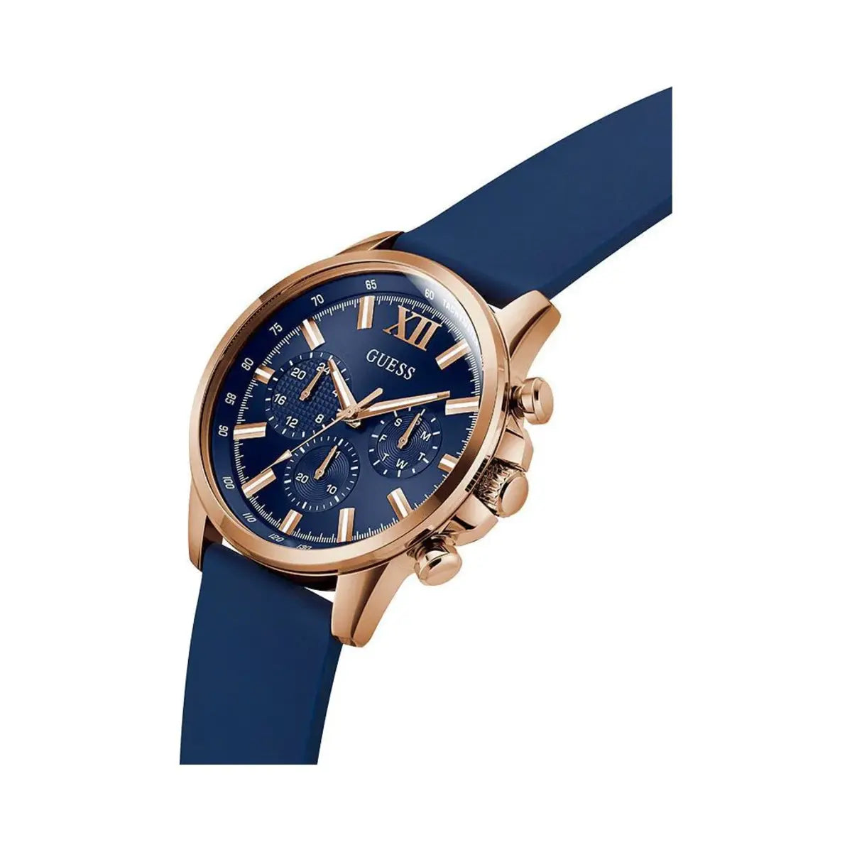 Blue watch with rose gold case on a white background
