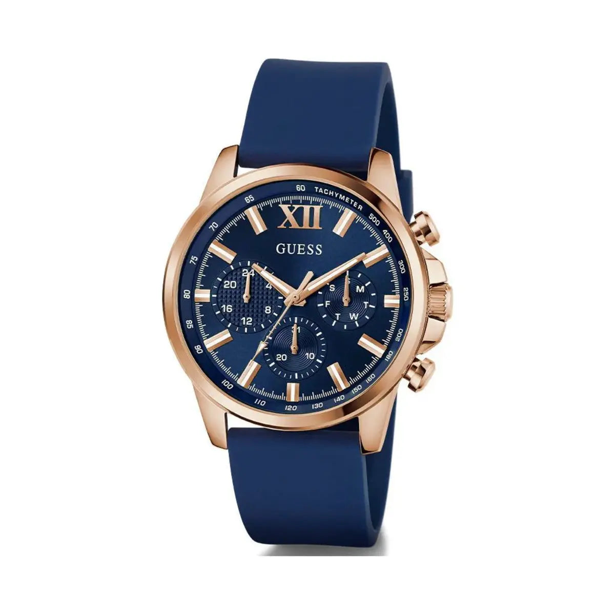 Blue watch with rose gold case and details on a white background