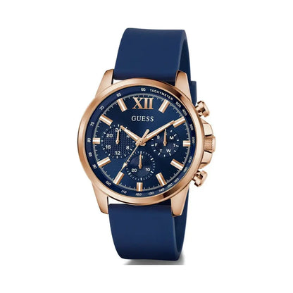 Blue watch with rose gold case and details on a white background