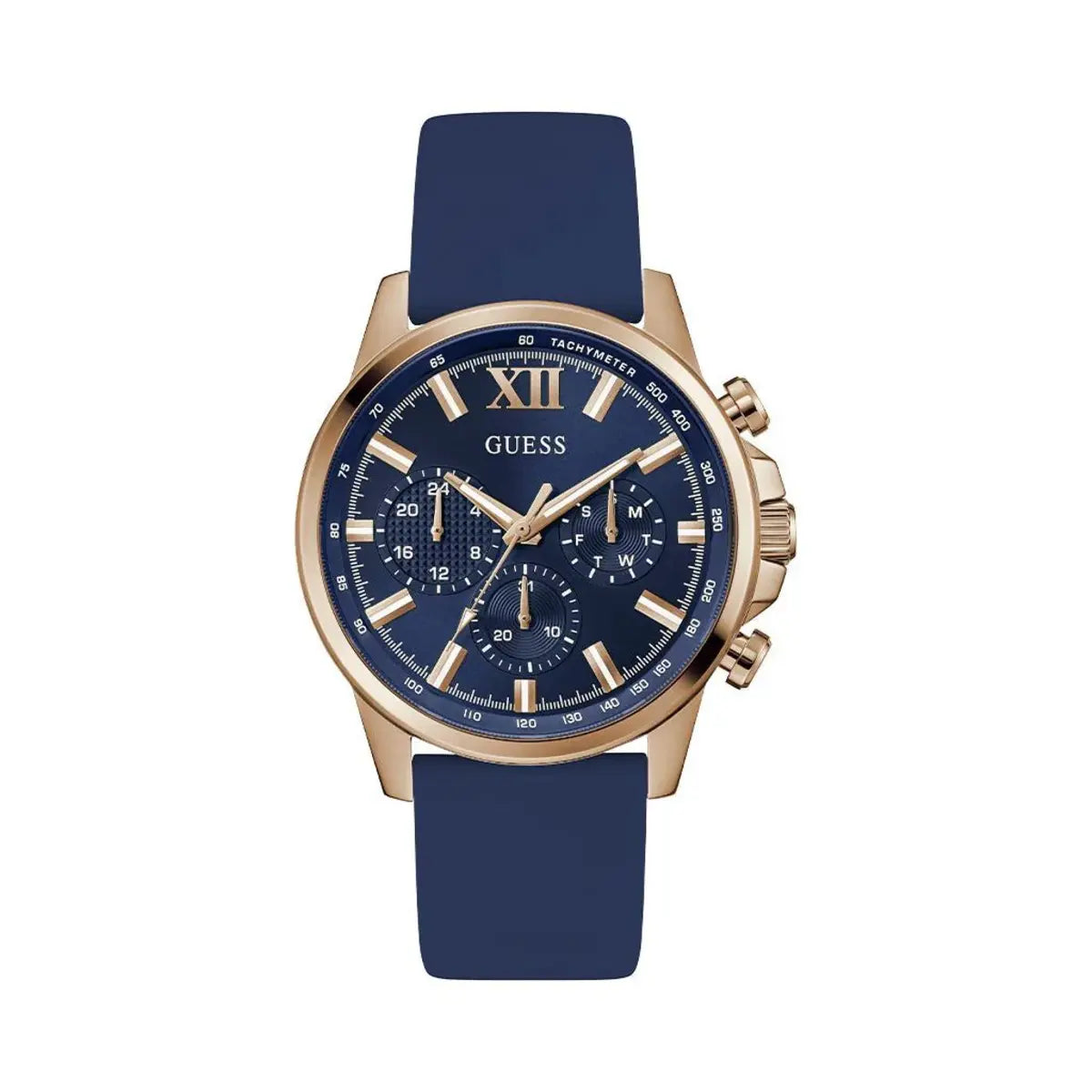 Blue watch with rose gold case and blue strap on white background
