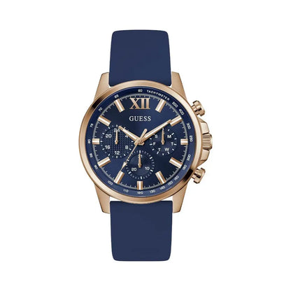 Blue watch with rose gold case and blue strap on white background