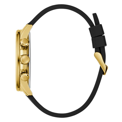 Gold watch case with black strap on a white background