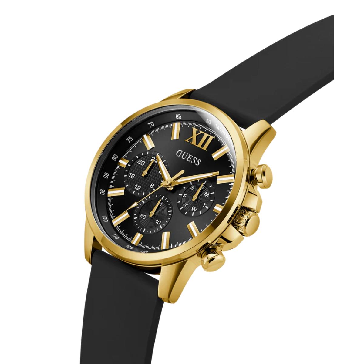 Gold and black watch with visible brand name on a white background