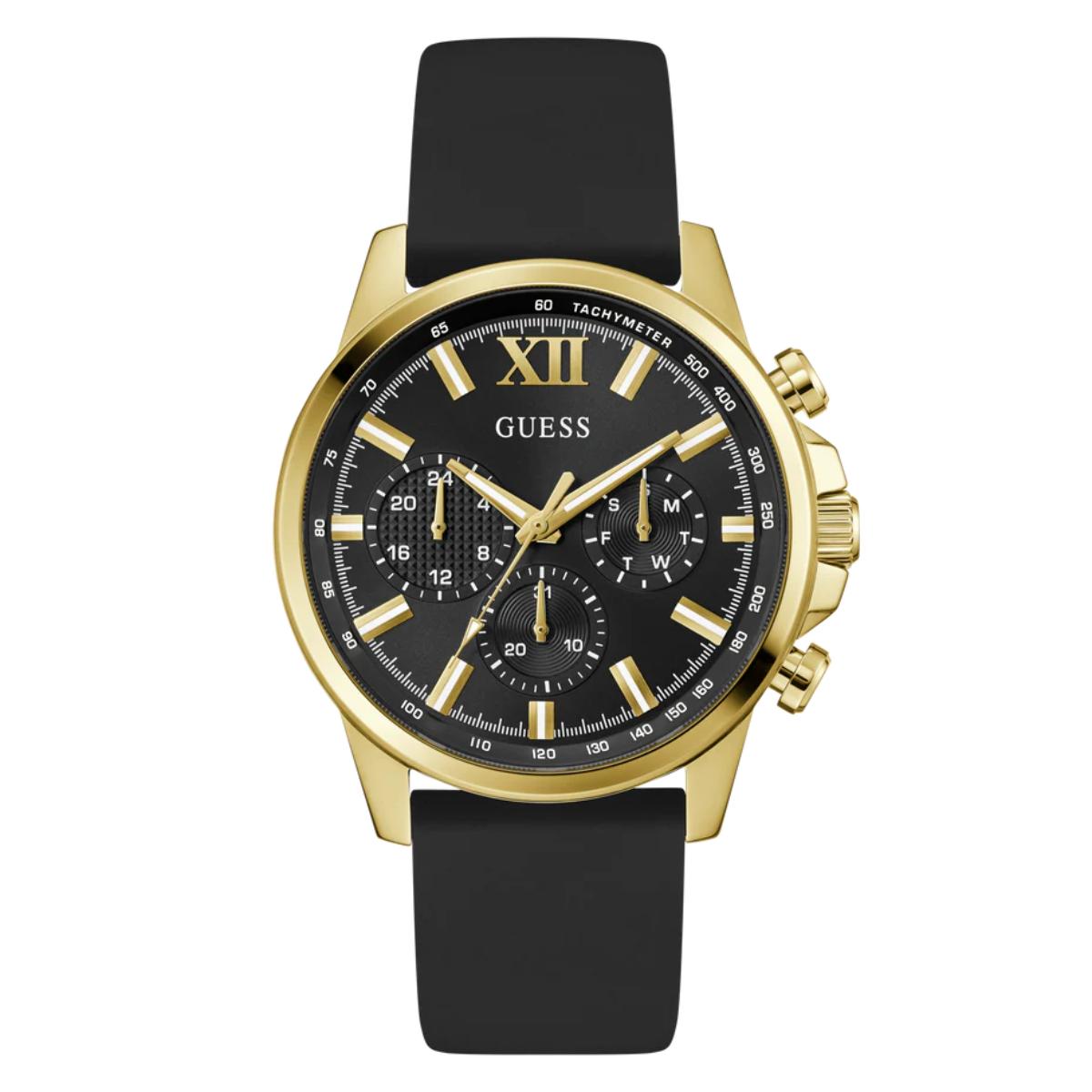Guess watch with black strap and gold case on a white background