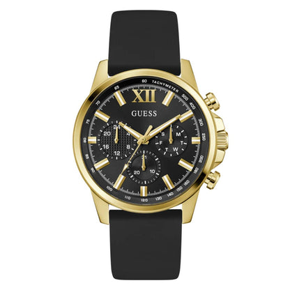 Guess watch with black strap and gold case on a white background