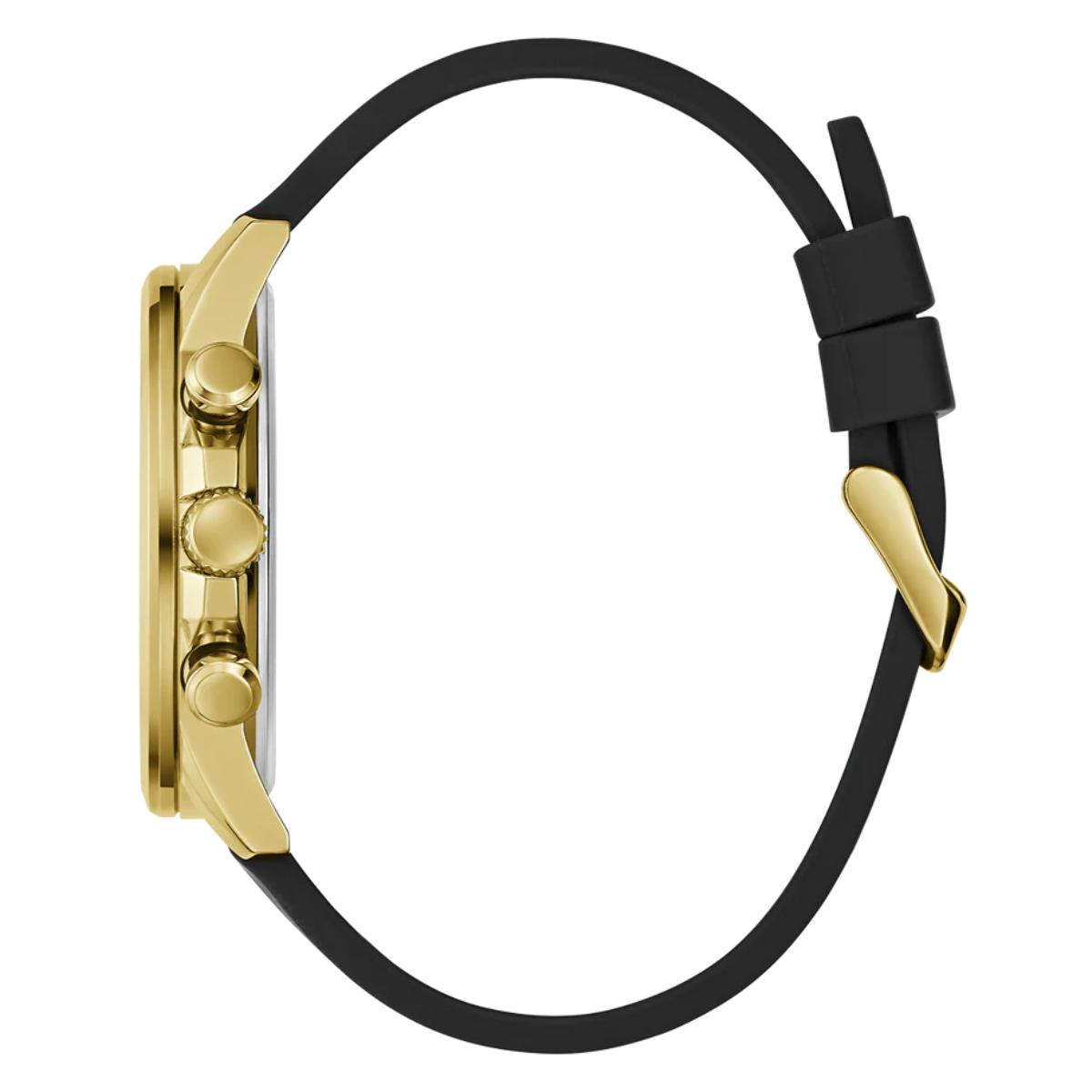 Gold watch case with black strap on a white background