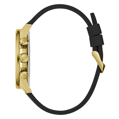 Gold watch case with black strap on a white background