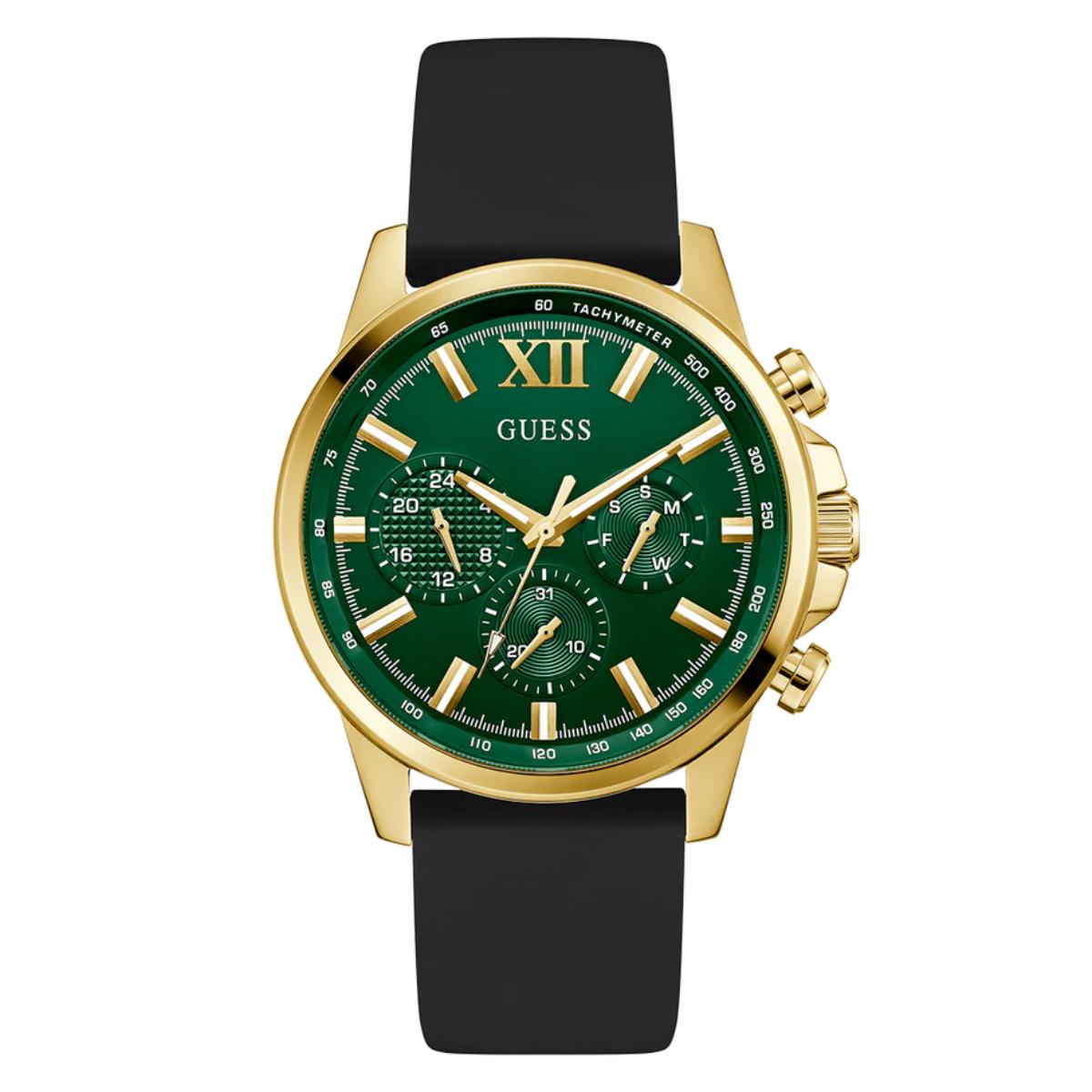 Watch with green dial, gold accents, and black strap on a white background