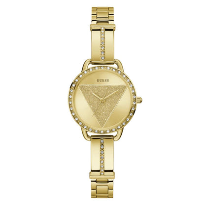 Gold watch with a triangle design on the dial against a white background