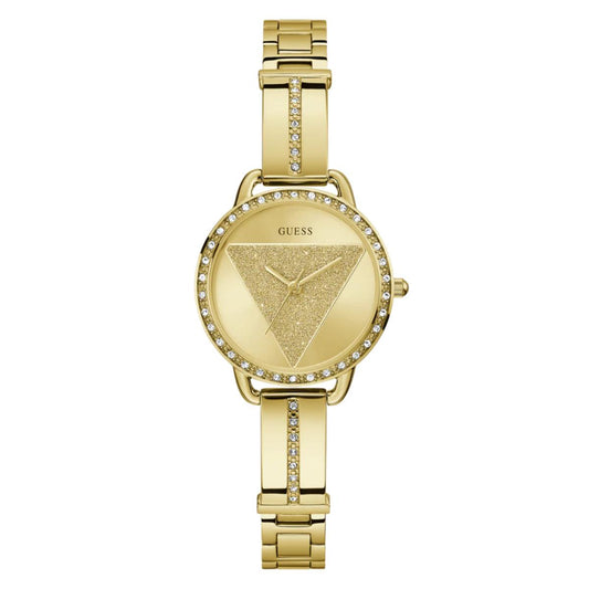 Gold watch with a triangle design on the dial against a white background