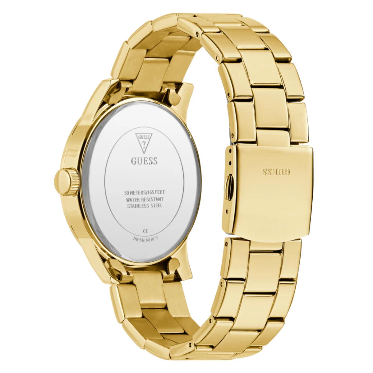 Gold watch with a white face on a white background