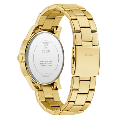 Gold watch with a white face on a white background