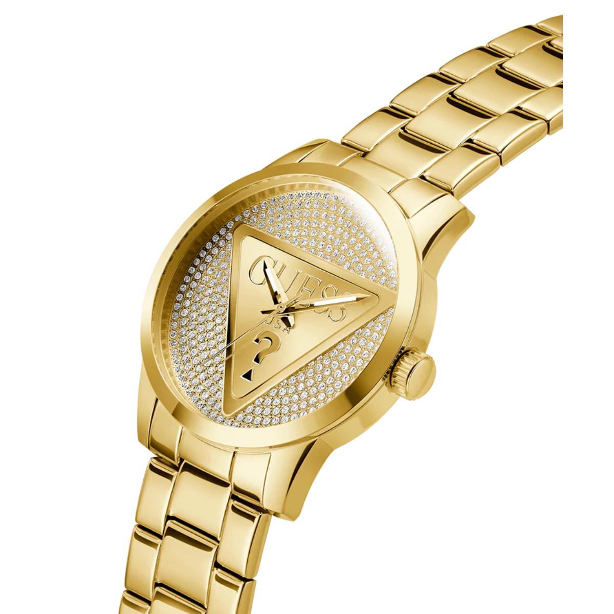 Gold watch with a triangular design on a white background