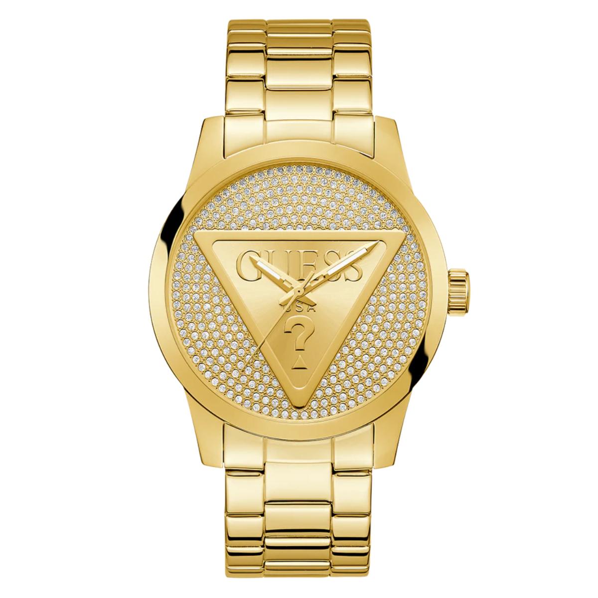 Gold watch with a prominent brand logo on a white background