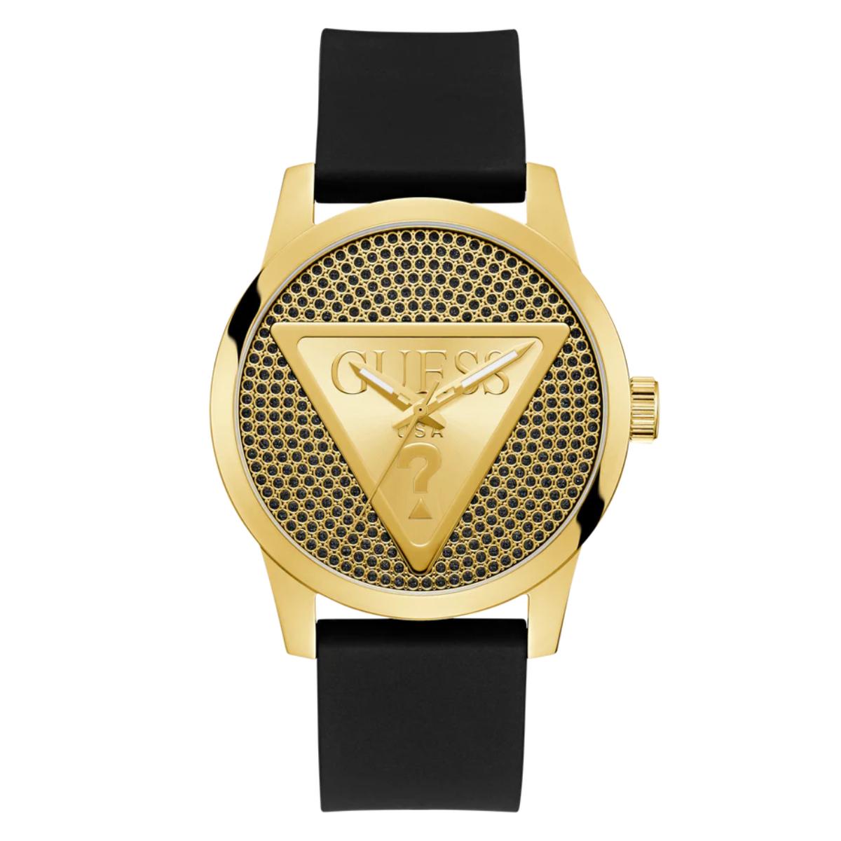 Gold watch with black strap and Guess logo on a white background
