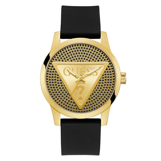 Gold watch with black strap and Guess logo on a white background