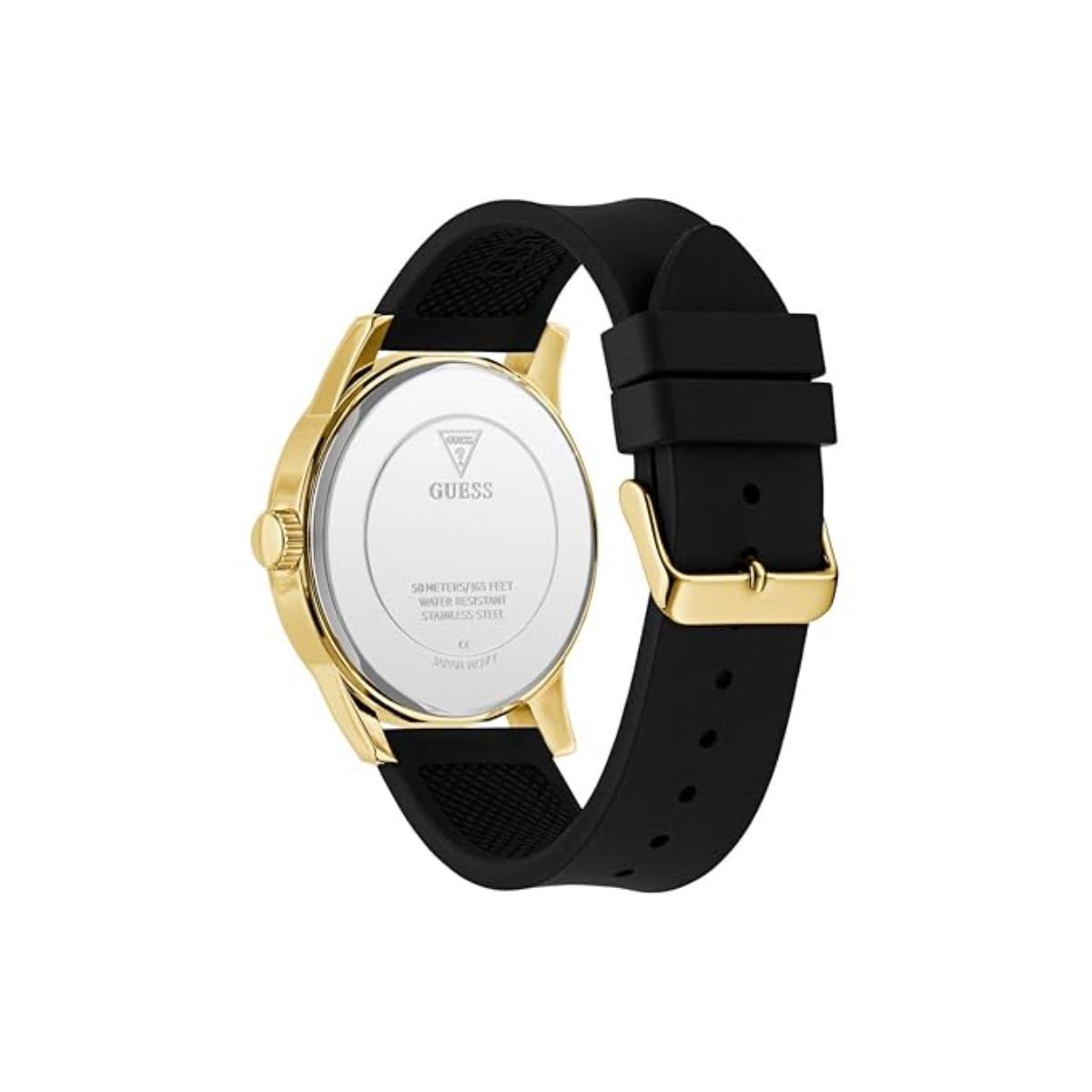 Black and gold watch with a visible brand logo on a white background