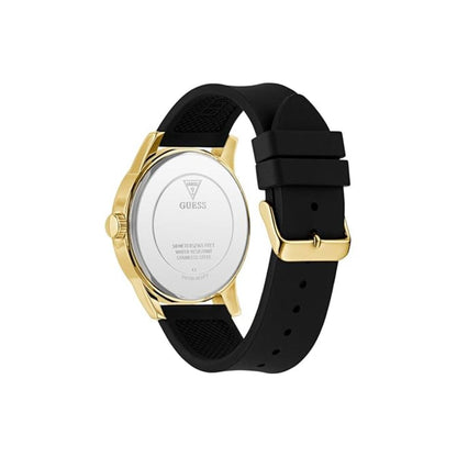 Black and gold watch with a visible brand logo on a white background