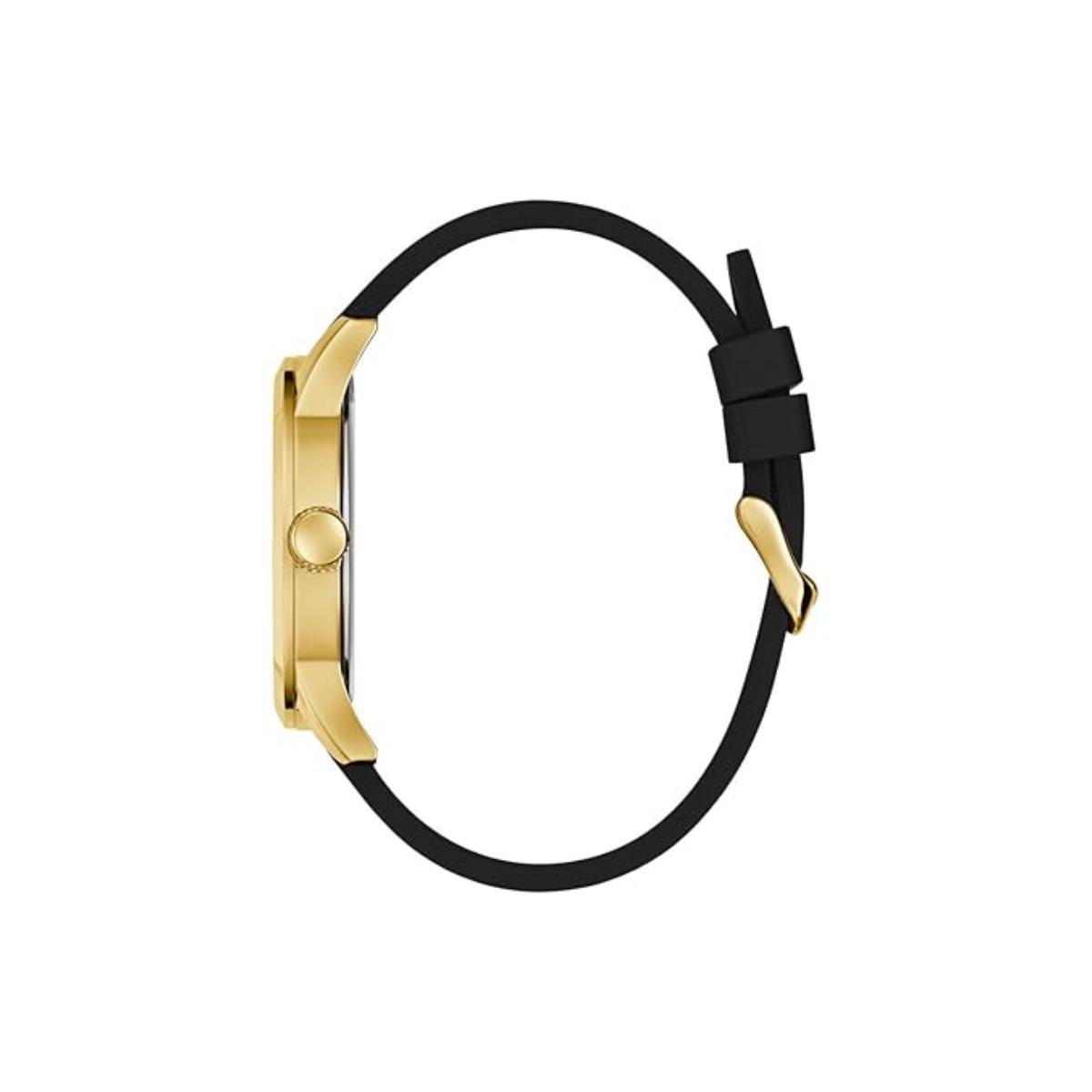 Gold watch with black strap on a white background