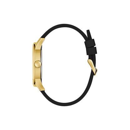 Gold watch with black strap on a white background